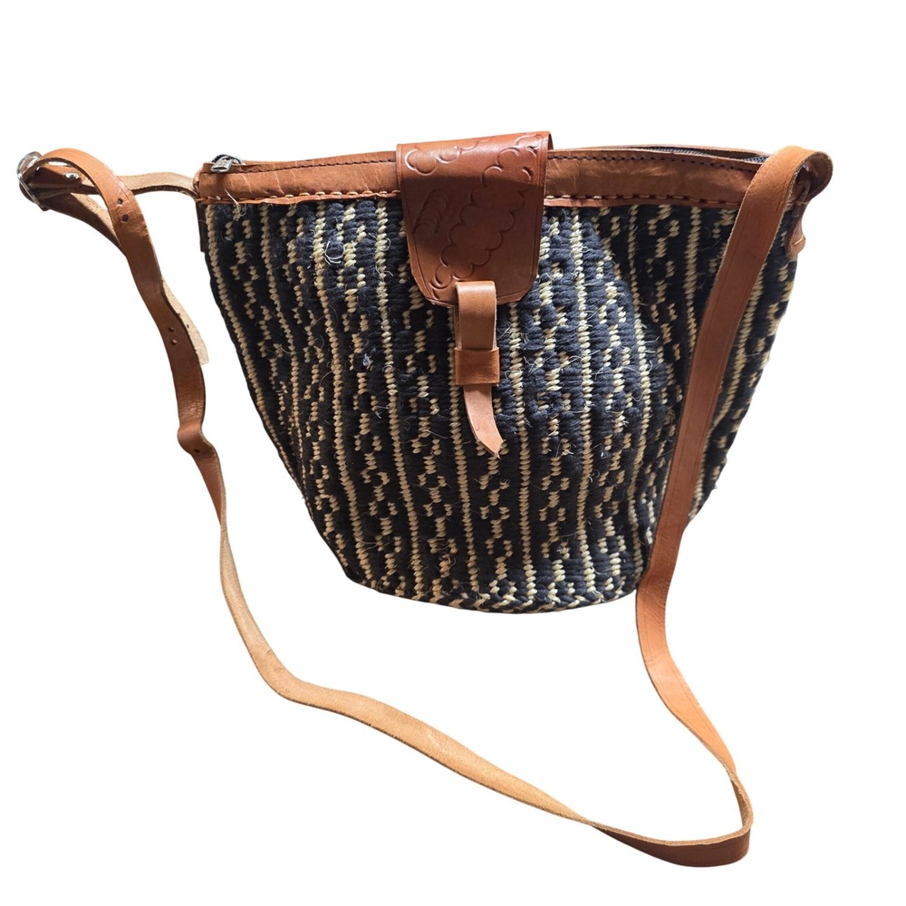 Handwoven Sisal Bucket Bag Black Tan Geometric Pattern Brown Stamped Leather